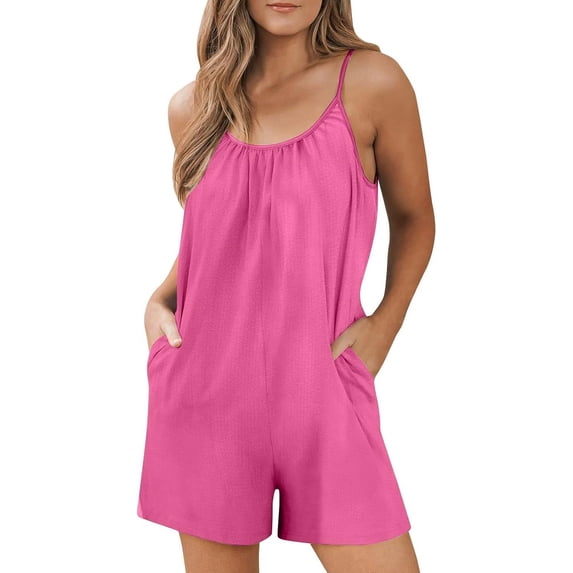 Women's Summer Jumpsuits Casual Loose Fit Solid Color Crew Neck Sleeveless Suspender Shorts Overalls with Pockets