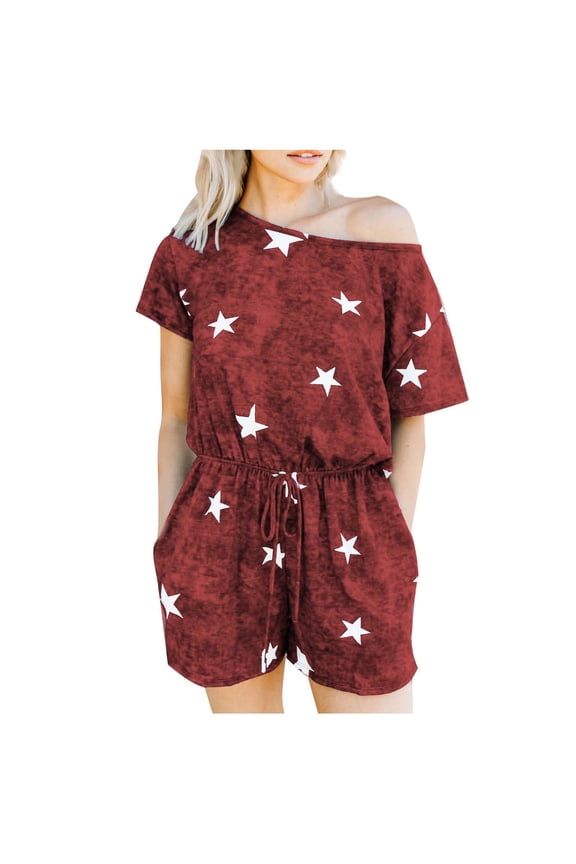 Women's Summer Jumpsuits Casual Off Shoulder Short Sleeve Shorts Loose Jumpsuit Rompers with Pockets Drawstring