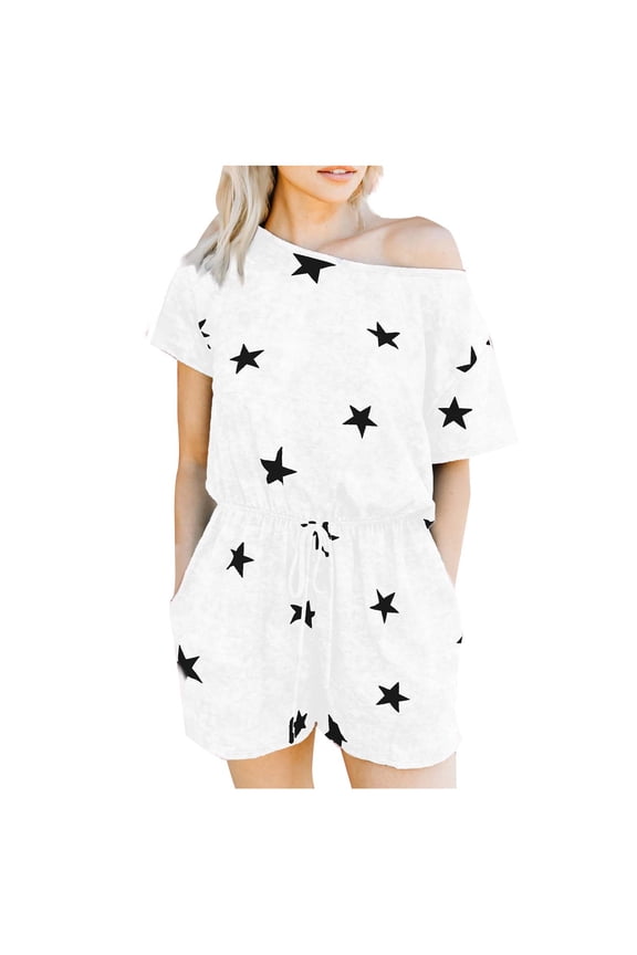 Women's Summer Jumpsuits Casual Off Shoulder Short Sleeve Shorts Loose Jumpsuit Rompers with Pockets Drawstring