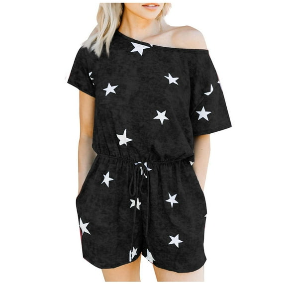 Summer Short Jumpsuits for Women Short Sleeve Off Shoulder Trendy Print Loose Elastic Waist Pockets Shorts Rompers