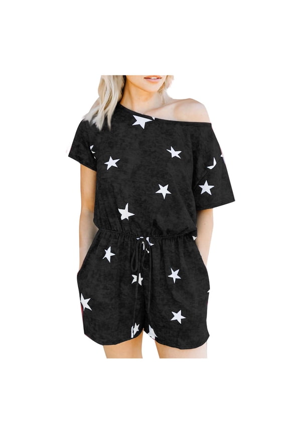 Women's Summer Jumpsuits Casual Off Shoulder Short Sleeve Shorts Loose Jumpsuit Rompers with Pockets Drawstring