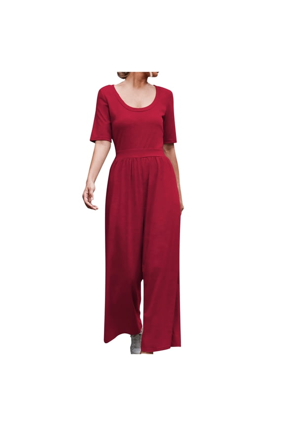 Women's Summer Jumpsuits Crewneck Short Sleeve Solid Color Wide Leg Romper Casual Comfy Baggy Lounge Jumpsuits