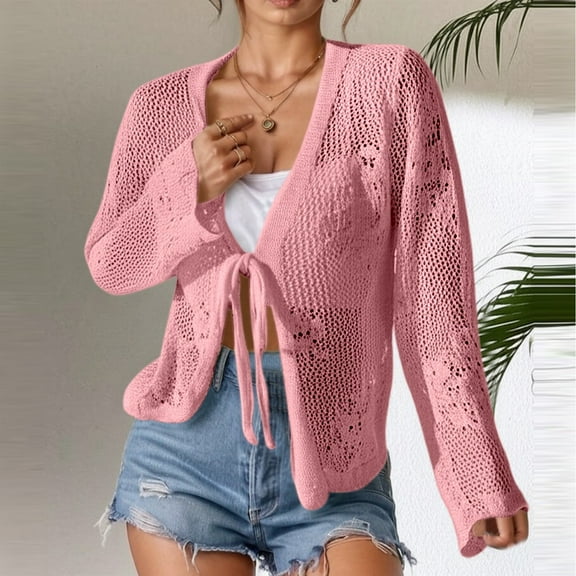 Women's Summer Knit Cardigan with Cutout Details for Beach and Casual Wear Womens Print Cardigan Sweater Sweater with Tie Front Fair Isle Sweater Women Woman Long Cardigan Sweater plus Size