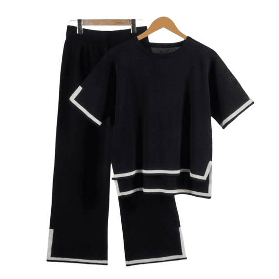 Women's Summer Knit Set Pullover Short Sleeve Wide Leg Pants Set, Black