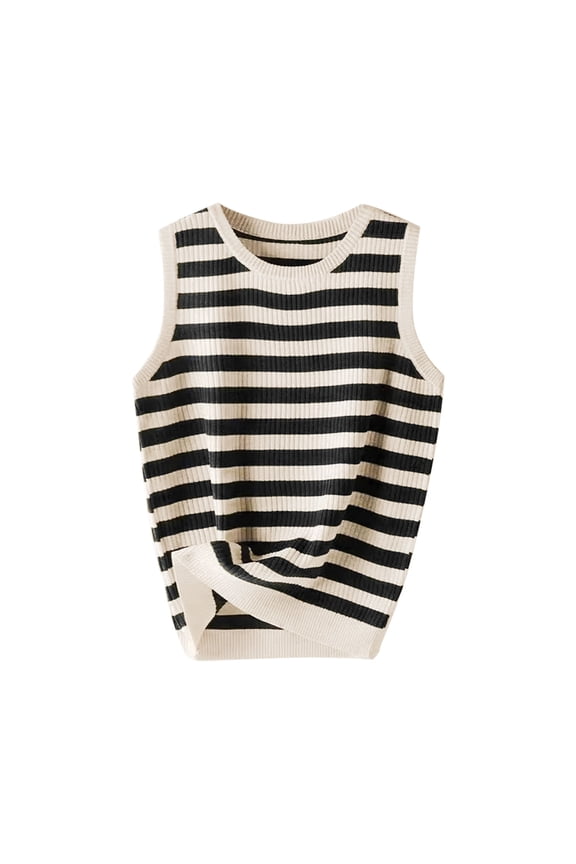 Women's Summer Knit Striped Tank Tops Trendy Crewneck Sleeveless Sweater Shirts Casual Loose Work Tanks Versatile