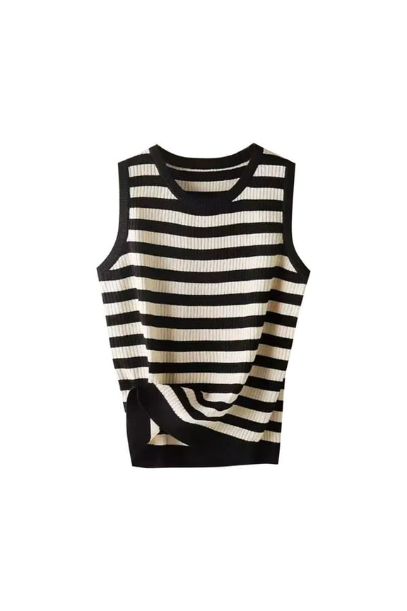 Women's Summer Knit Striped Tank Tops Trendy Crewneck Sleeveless Sweater Shirts Casual Loose Work Tanks Versatile