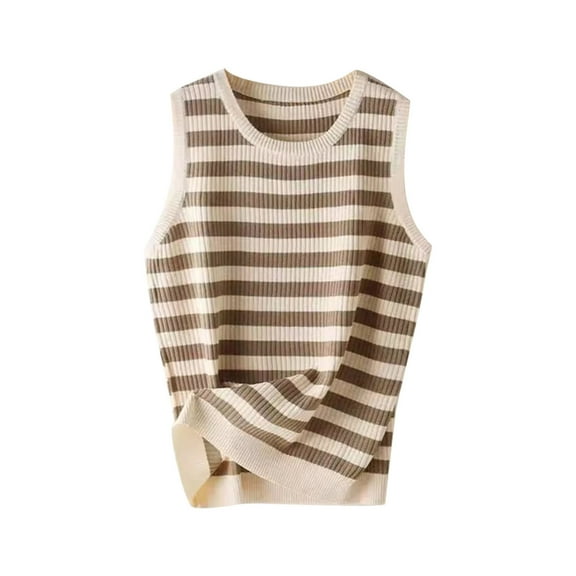 Women's Summer Knit Striped Tank Tops Trendy Crewneck Sleeveless Sweater Shirts Casual Loose Work Tanks Versatile