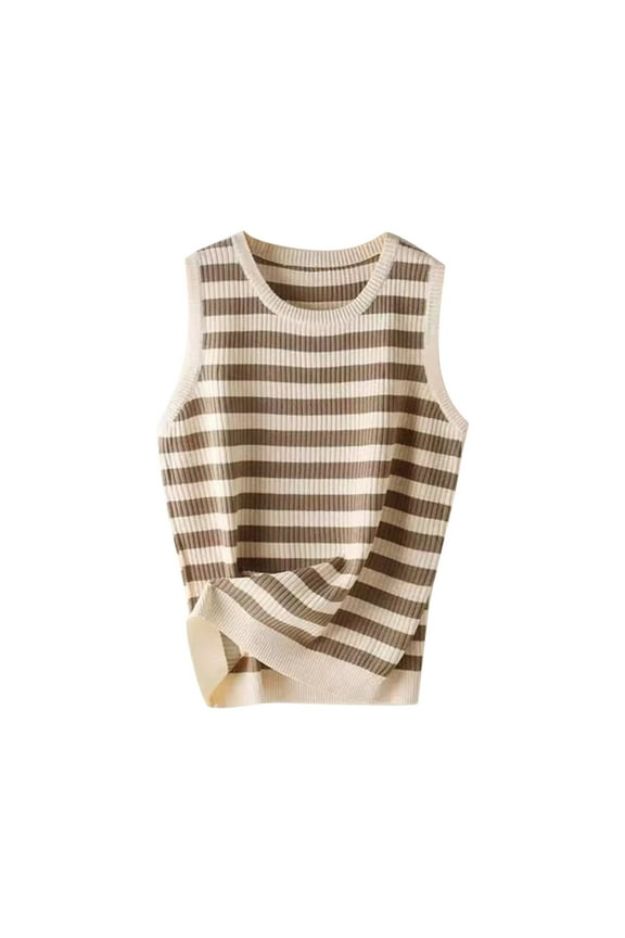 Women's Summer Knit Striped Tank Tops Trendy Crewneck Sleeveless Sweater Shirts Casual Loose Work Tanks Versatile