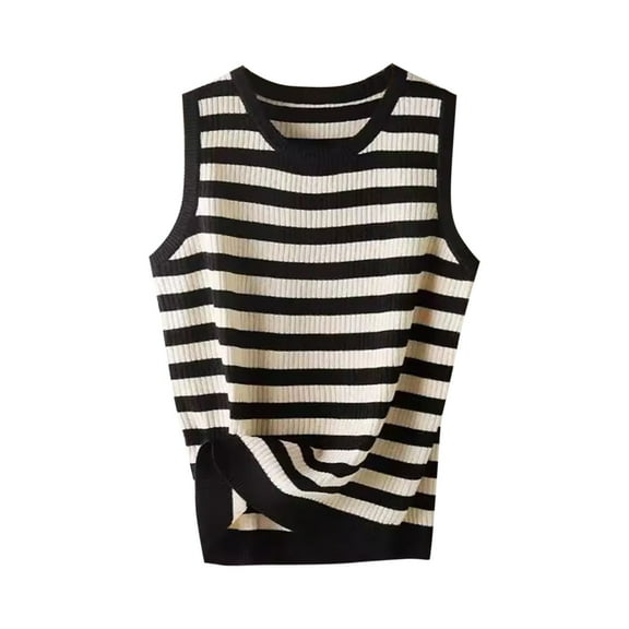 Women's Summer Knit Striped Tank Tops Trendy Crewneck Sleeveless Sweater Shirts Casual Loose Work Tanks Versatile