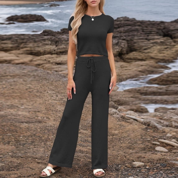 Women's Summer Knit Trousers Suit Casual Round Neck Short Sleeve Long Pants Set Comfortable Pure Color Outfit For Daily Wear Dressy Outfits for Women Tracksuit for Women Jacket And Pants Set for Women