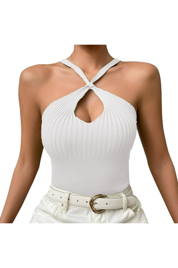 Women's Summer Knitted Top - Off Shoulder Cross Halter Neck, Sleeveless, Keyhole Front, Rib Knit, White, Size L