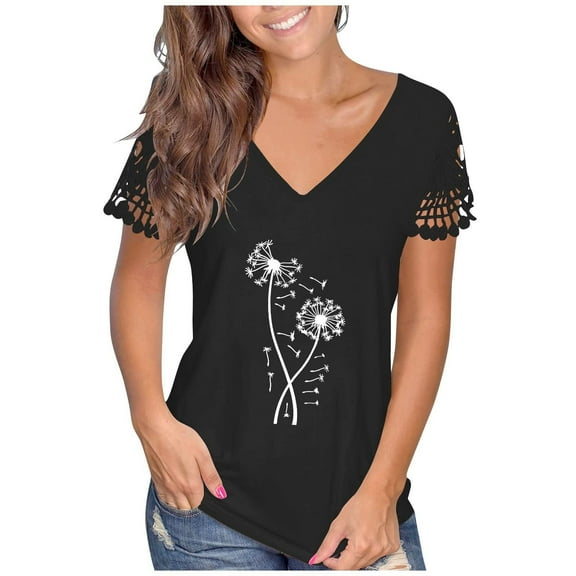 Women's Summer Lace Short Sleeve V Neck Tops Shirt Loose Casual Tee Blouse Trendy Print Basic Tunic Tops for Women