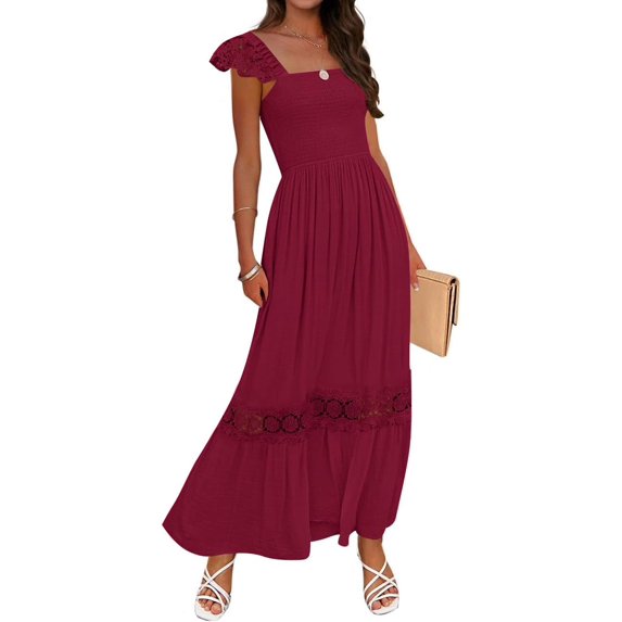 Women's Summer Lace Trim Maxi Dress, Square Neck Ruffle Sleeve Smocked Waist Casual Flowy Dresses for Beach Wedding