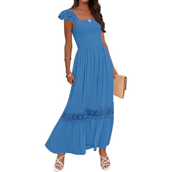 Women's Summer Lace Trim Maxi Dress, Square Neck Ruffle Sleeve Smocked Waist Casual Flowy Dresses for Beach Wedding