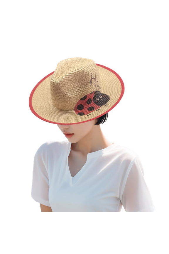 Women's Summer Ladybug Raffia Bucket Hat Foldable Wide Brim UV Protection Breathable Lightweight Boho Design Stylish Sun Hat For Beach Outdoor Travel Casual Wear Red M