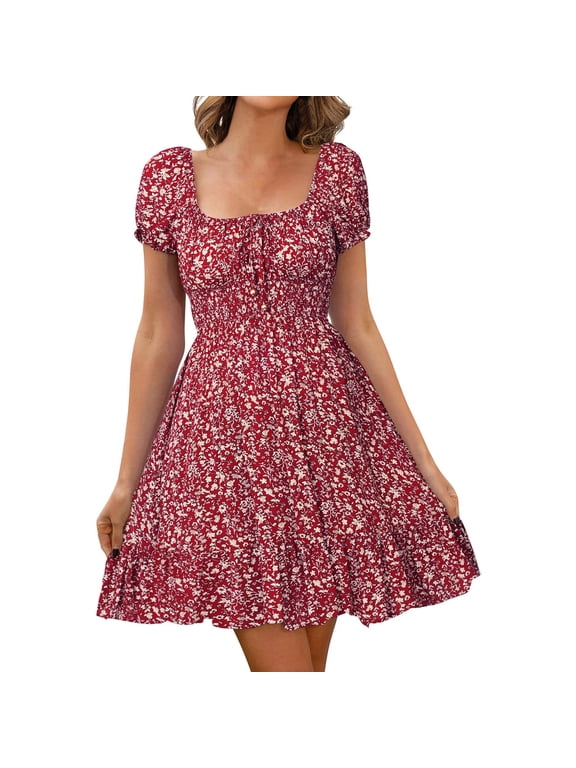 Women's Summer Lantern Sleeve Square Neck Dress Open Back Cute Babydoll A-Line Vintage Boho Print Mini Dress