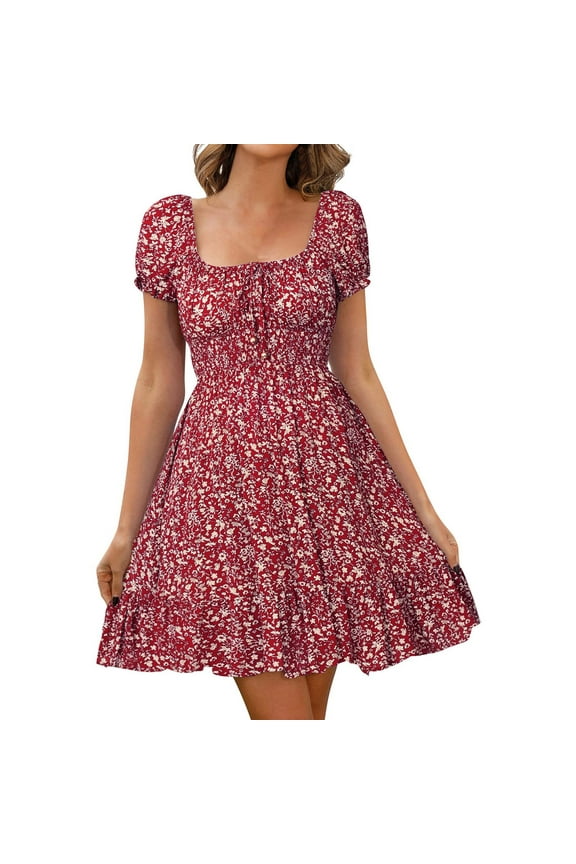 Women's Summer Lantern Sleeve Square Neck Dress Open Back Cute Babydoll A-Line Vintage Boho Print Mini Dress