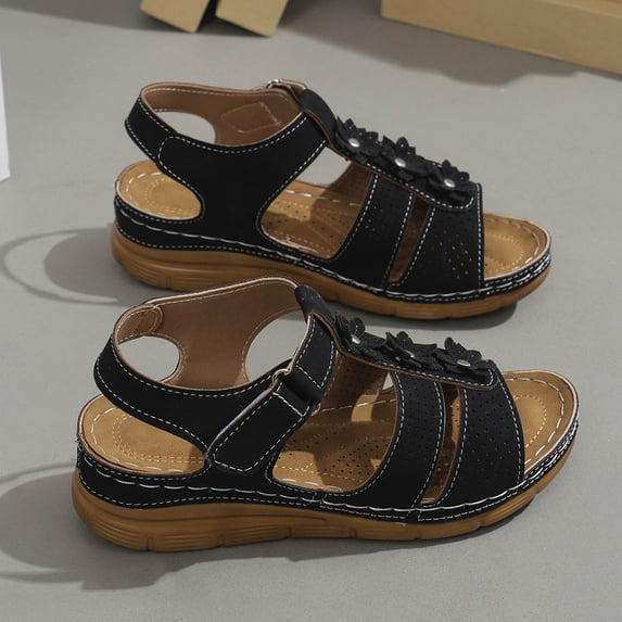 Women's Summer Large Size Open Toe Flower Wedge Fish Mouth Casual Breathable Comfortable Hollow Beach Sandals Summer Sandals Black 37