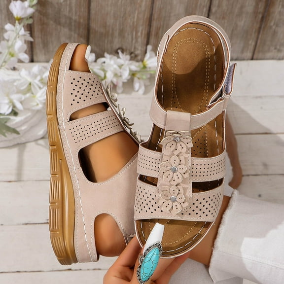 Women's Summer Large Size Open Toe Flower Wedge Fish Mouth Casual Breathable Comfortable Hollow Beach Sandals Summer Sandals Gray 37
