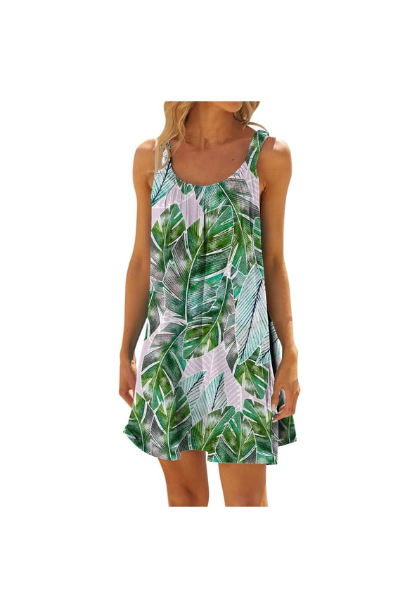 Women's Summer Leaf Print Pleated Casual Dress Sleeveless Beach Wear Comfortable Flowy Feminine Outfit