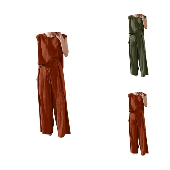 Women's Summer Leisure And Linen Loose Two Piece Sleeveless Top Loose Wide Leg Pants Two Piece Set Summer Capris