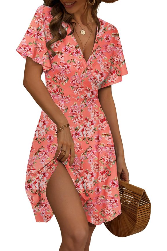 Women's Summer Leopard Print Wrap Mini Dress, V-Neck Ruffle Short Sleeve Split Casual Dresses for Beach Vacation