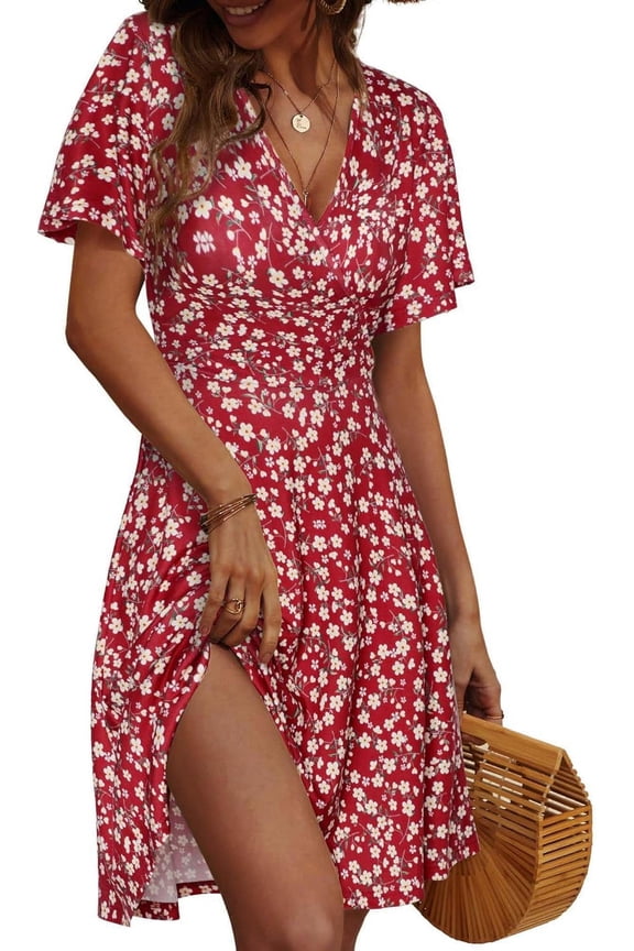 Women's Summer Leopard Print Wrap Mini Dress, V-Neck Ruffle Short Sleeve Split Casual Dresses for Beach Vacation