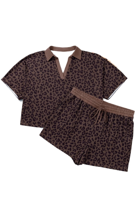 Women's Summer Leopard Short Set – V-Neck Casual Two-Piece Outfit with High Waist Colorblock Design, 2X