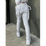 Women's Light Grey Sport Pants - Cinched Waist, Side Pockets, Casual Y2K Hip Hop Yoga Tights