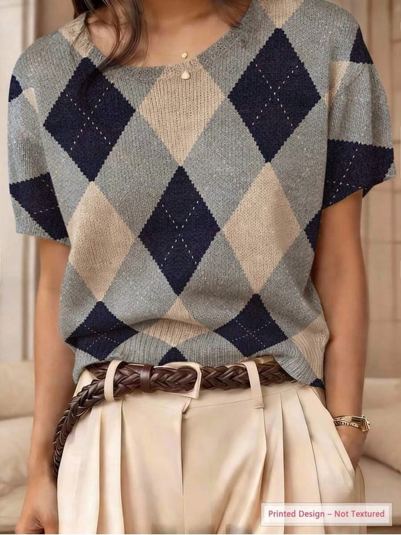 Women's Vintage Argyle Short Sleeve Knit Sweater | Preppy Drop Shoulder Top