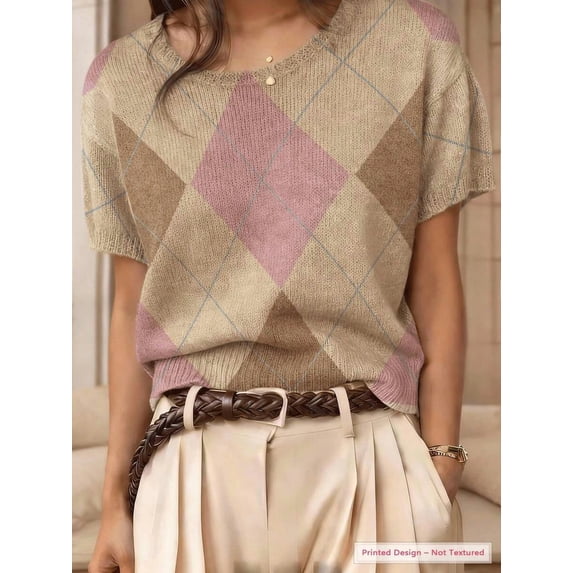 Women's Vintage Argyle Short Sleeve Knit Sweater | Preppy Drop Shoulder Top