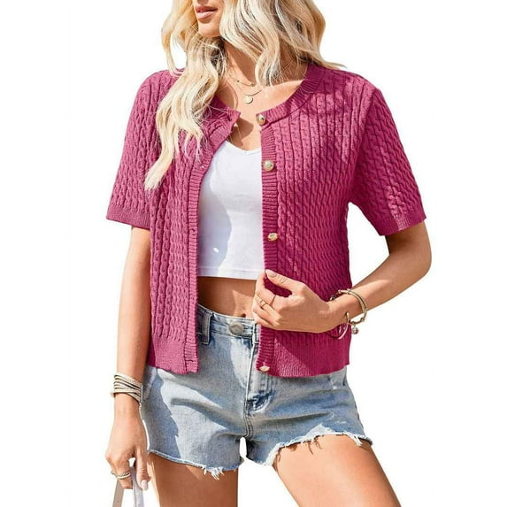 Women's Summer Cardigan Short Sleeve Cropped Cable Knit Open Front Wine Red L