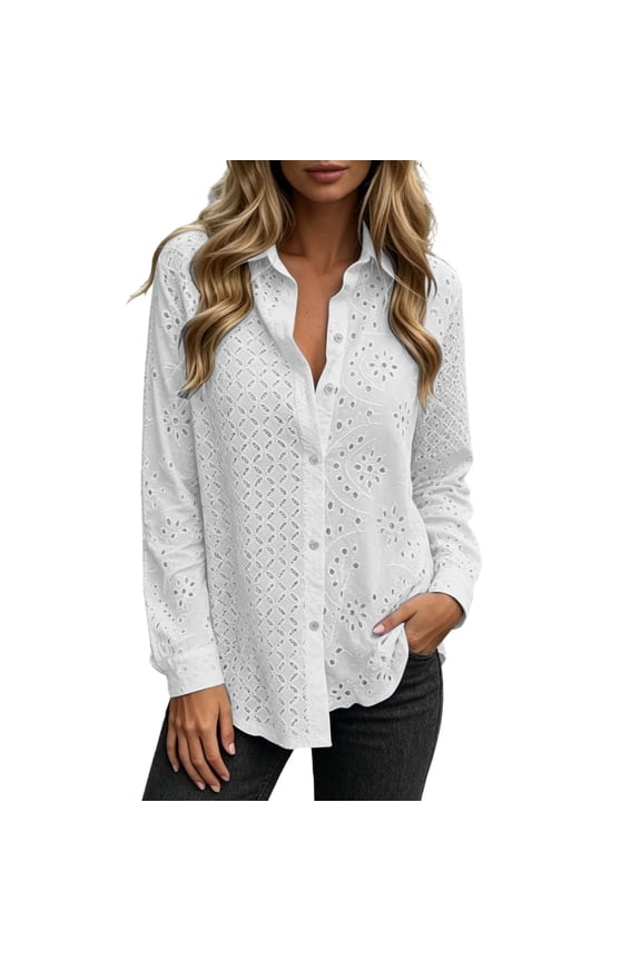 Women's Summer Lightweight Cutout Printed Button Front Blouse Mesh Grid Design Long Sleeve Transparent Sheer Shirt Top M