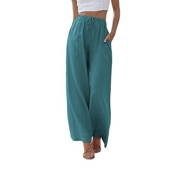 Women's Summer Linen Blend Palazzo Pants - Wide Leg Trousers with Pockets, Drawstring & Elastic Waist, Lightweight Casual