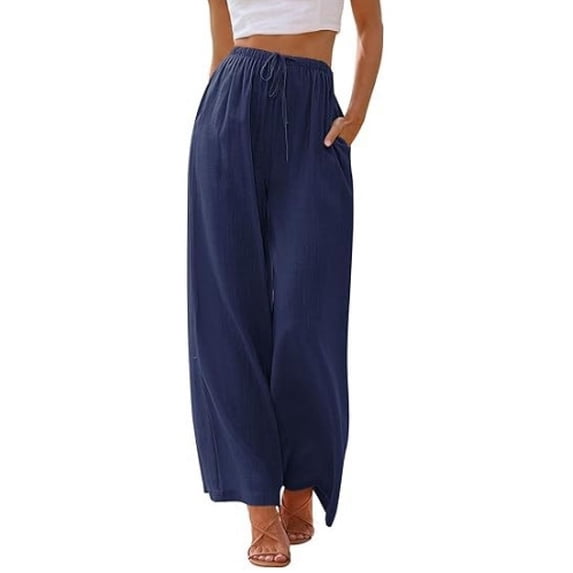 Women's Summer Linen Blend Palazzo Pants - Wide Leg Trousers with Pockets, Drawstring & Elastic Waist, Lightweight Casual
