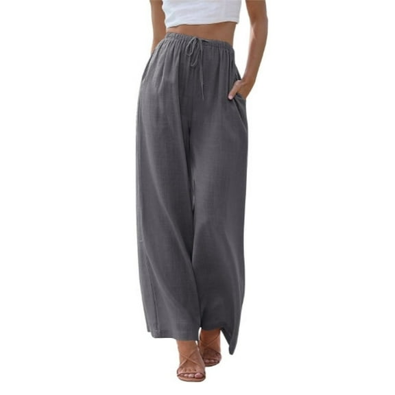 Women's Summer Linen Blend Palazzo Pants - Wide Leg Trousers with Pockets, Drawstring & Elastic Waist, Lightweight Casual