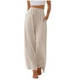 thumbnail image 1 of Women's Summer Linen Blend Palazzo Pants - Wide Leg Trousers with Pockets, Drawstring & Elastic Waist, Lightweight Casual, 1 of 6