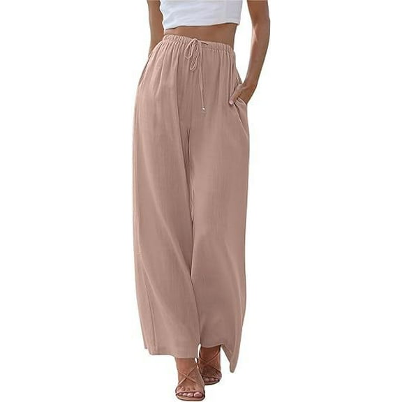 Women's Summer Linen Blend Palazzo Pants - Wide Leg Trousers with Pockets, Drawstring & Elastic Waist, Lightweight Casual