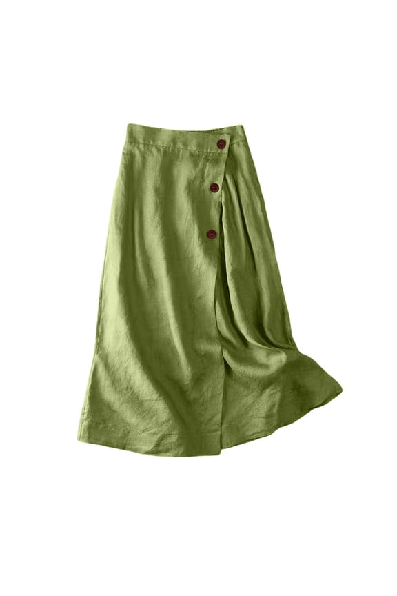 Women's Summer Linen Button Front Elastic High Waist Swing A Line Midi Skirt Green M