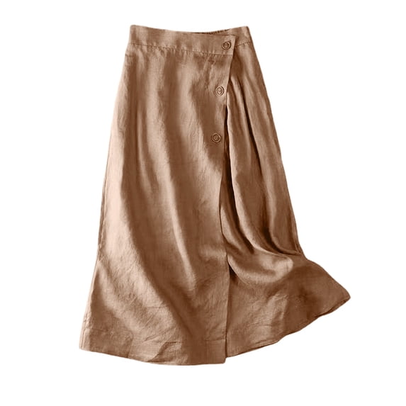 Women's Summer Linen Button Front Elastic High Waist Swing A Line Midi Skirt Khaki M
