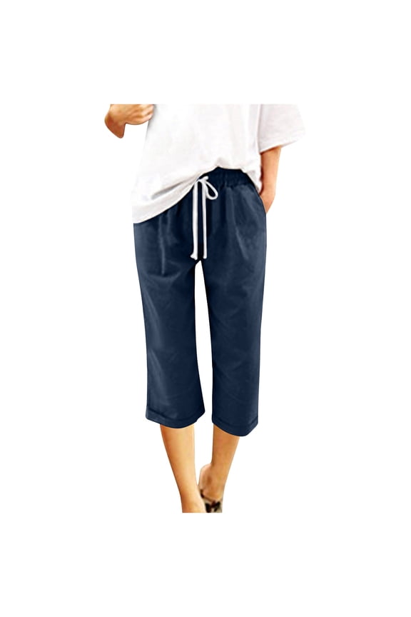 Women's Summer Linen Capri Pants Solid Color Wide Leg Drawstring Elastic Waist Below Knee Length Cropped Trousers with Pockets Navy XL