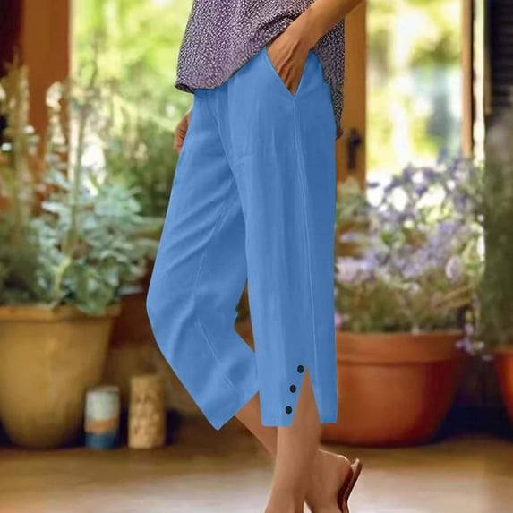 Women's Summer Linen Capris with Pockets - Elastic Waist Casual Solid Color Shorts Pants, Breathable Lightweight Comfortable Lounge Wear for Home or Outdoor