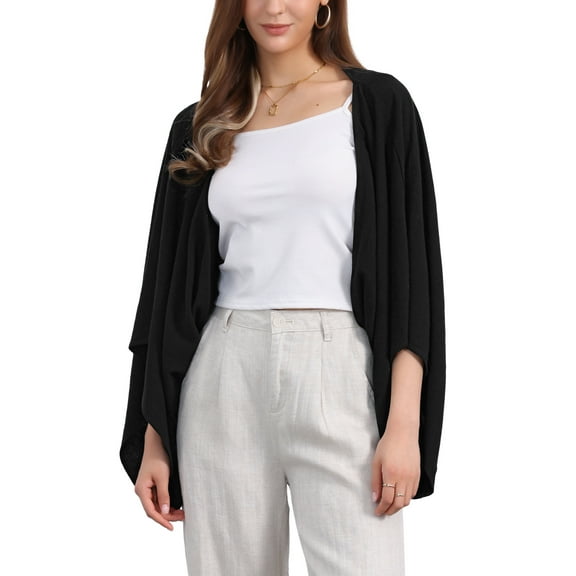 INSPIRE CHIC Women's Casual Cardigan 3/4 Sleeves Loose Fit Solid Color Linen Shrug M Black