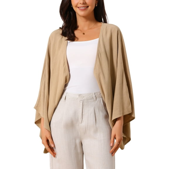 INSPIRE CHIC Women's Casual Cardigan 3/4 Sleeves Loose Fit Solid Color Linen Shrug XL Khaki