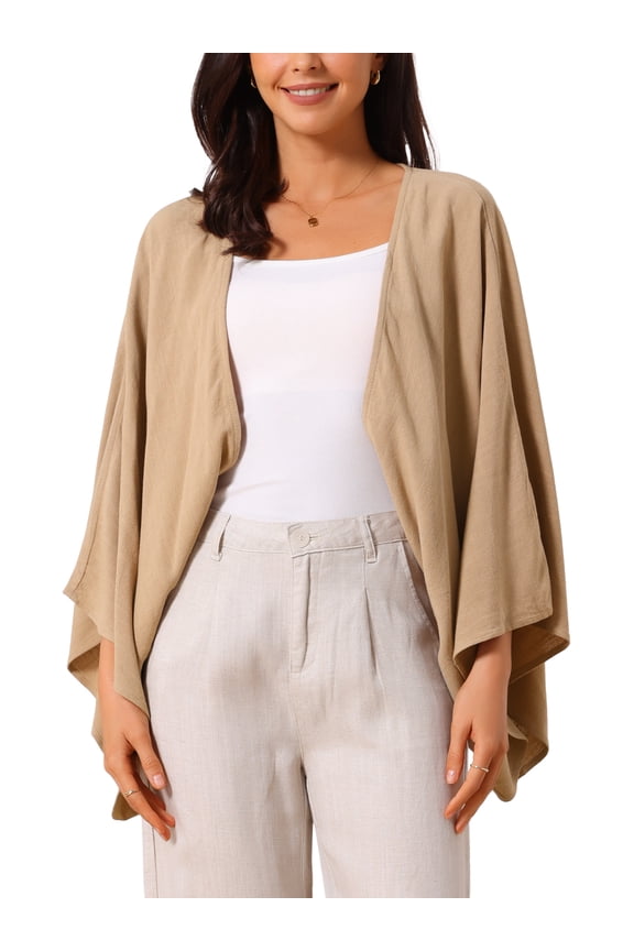 Women's Linen Cardigan Spring Summer 3/4 Sleeve Open Front Loose Cover Ups Lightweight Shrug XL Khaki