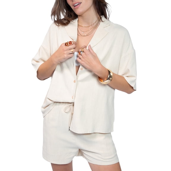 Jess by Meiko Women's Collared Linen Top and Short Set Summer Matching Set Khaki L