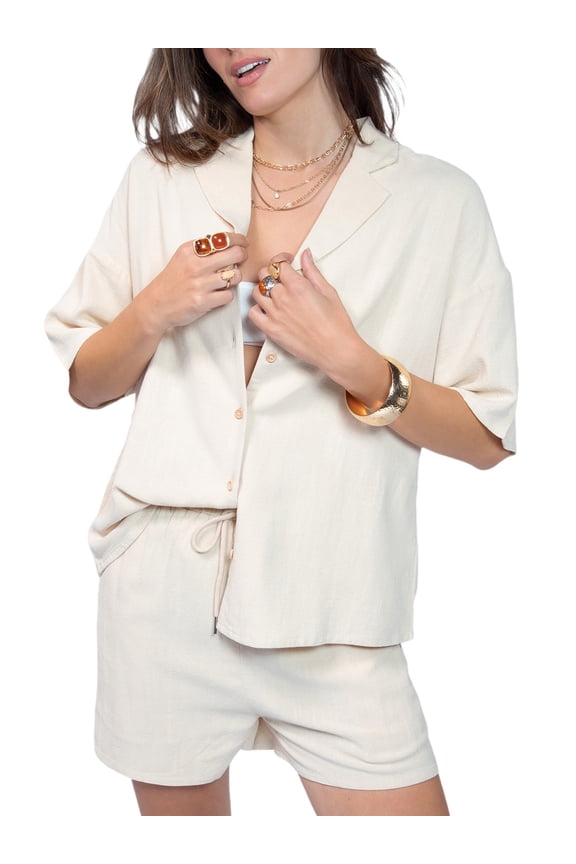Women's Collared Linen Top and Short Set Summer Matching Set Khaki L