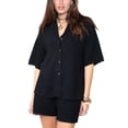 thumbnail image 1 of Jess by Meiko Women's Collared Linen Top and Short Set Summer Matching Set Black XS, 1 of 6