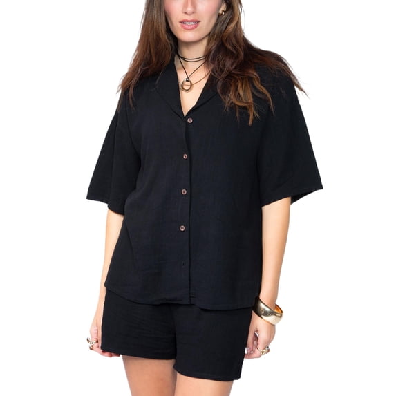 Jess by Meiko Women's Collared Linen Top and Short Set Summer Matching Set Black XS