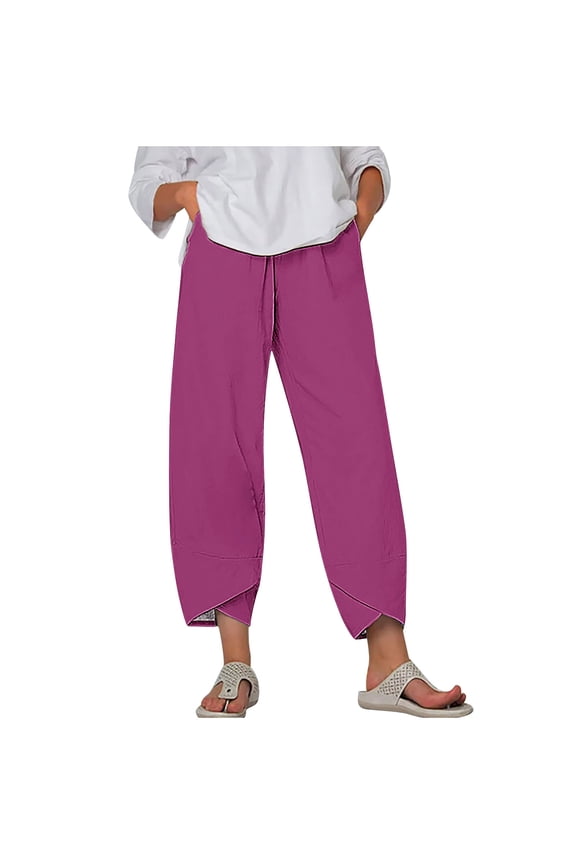Women's Summer Linen Cotton Loose Harem Pants Elastic Wasit Solid Color Wide Leg Cropped Trousers with Pockets Hot Pink XXXL